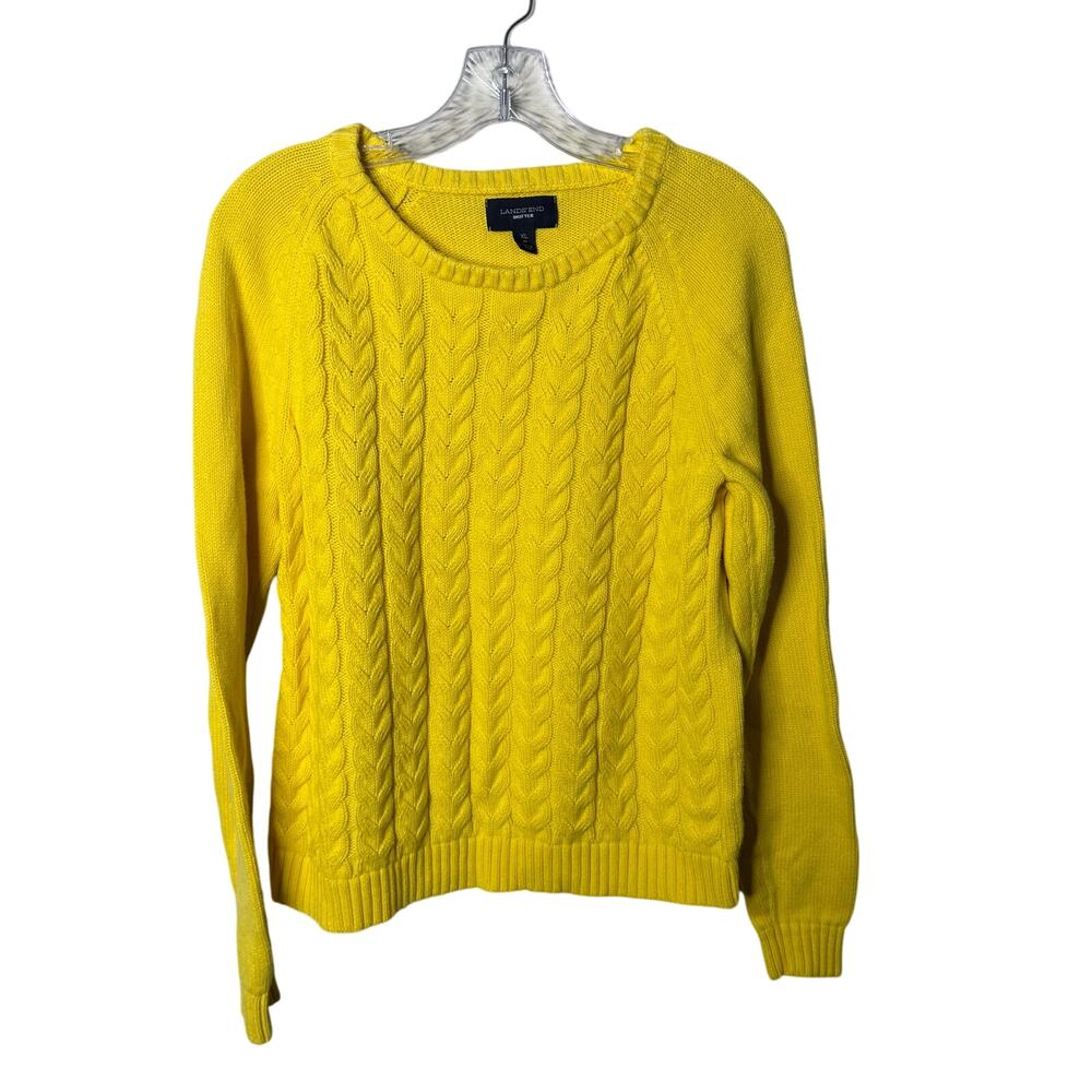 Lands’ End Drifter‎ Sweater XL 18 Yellow Cotton Cable Knit Crew Neck Pullover